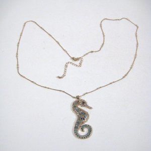 Rhinestone Seahorse Pendant Necklace Blue Goldtone 26 inch Chain Sea Ocean